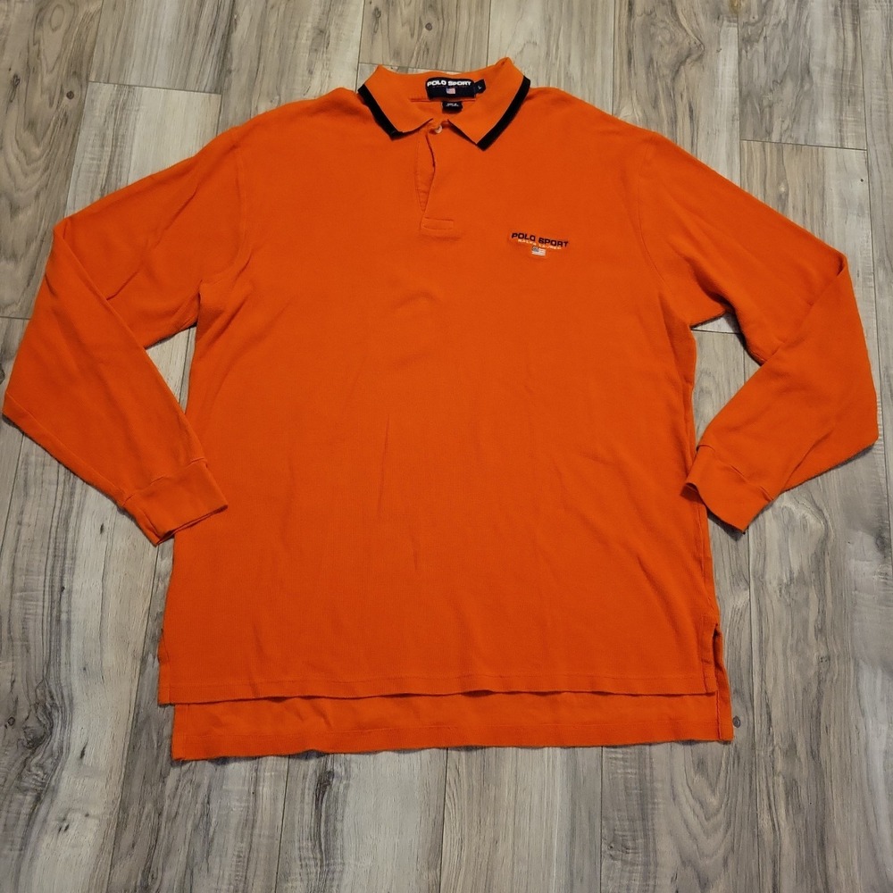 Polo Sport Ralph Lauren Shirt Mens Large Orange Waffle Knit Cotton Pullover VGT